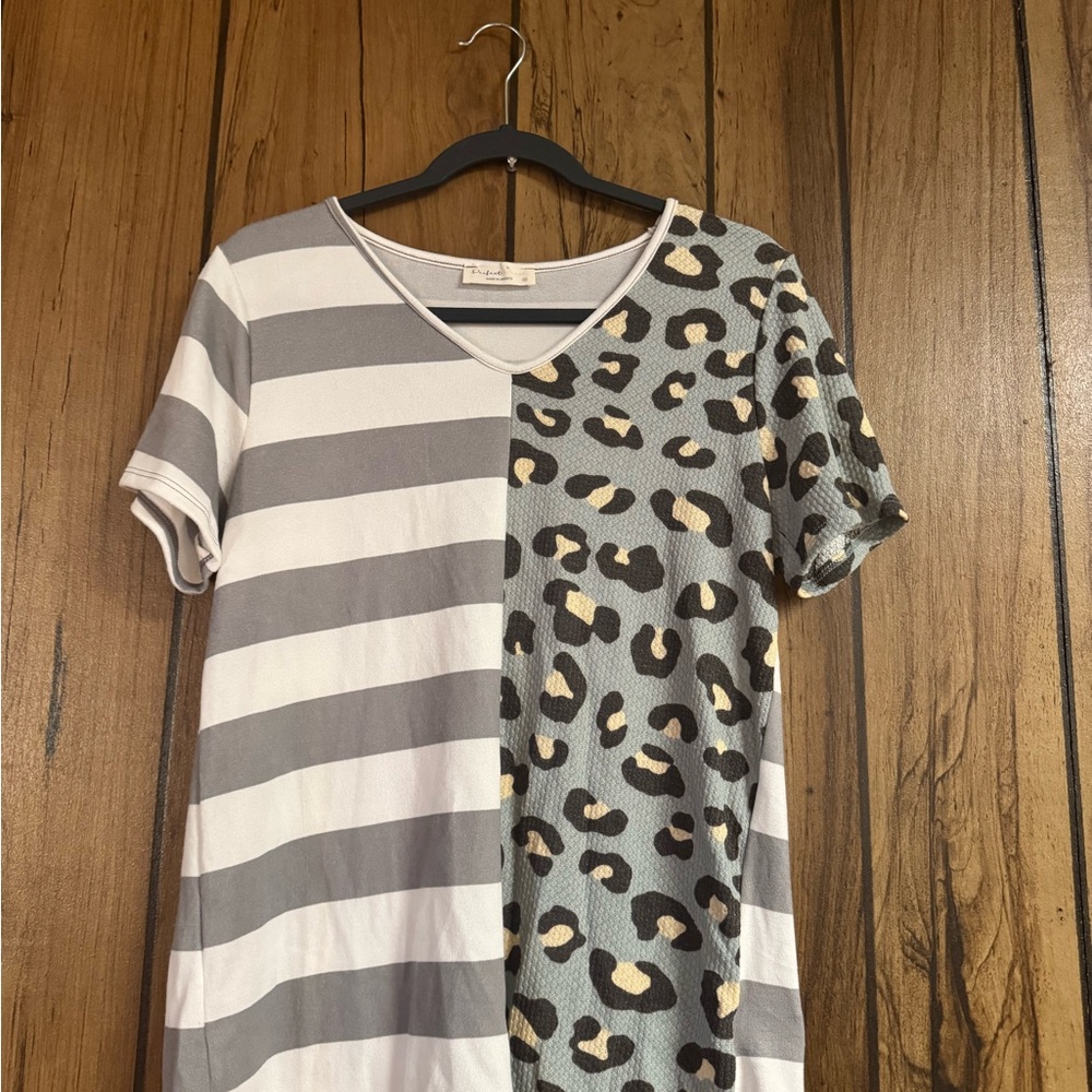 Gray and White Striped Leopard Print Blouse